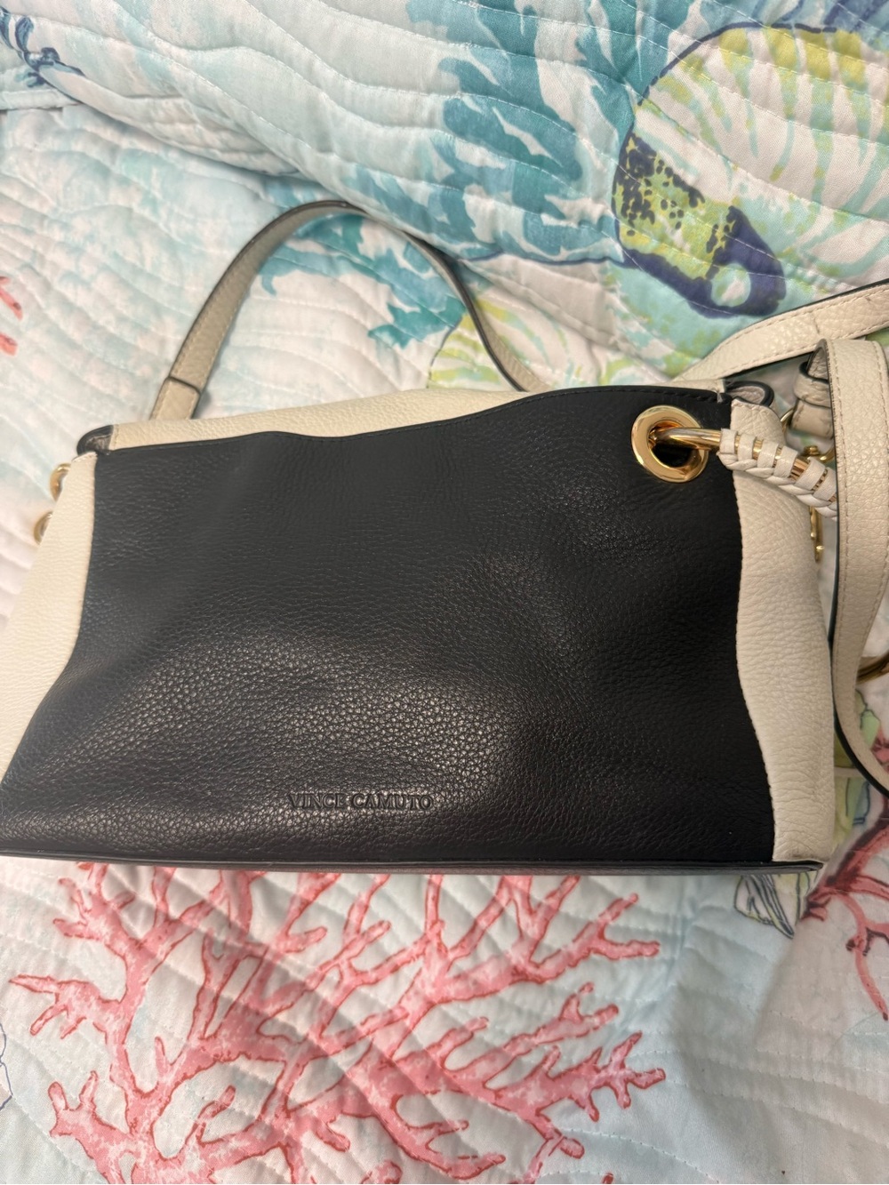 Vince Camuto Two-Tone Black and Cream Pebbled Leather Crossbody